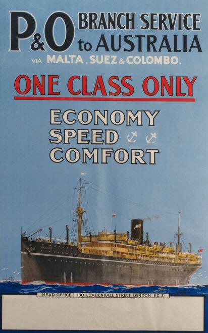 P&O Cruises Advertising Poster for Australia: An advertising colour lithographic P&O Cruises poster for the "Branch Service to Australia via Malta, Suez & Colombo - One Class Only - Economy, Speed, Comfort". Signed in plate S. Rowles bottom/ righ