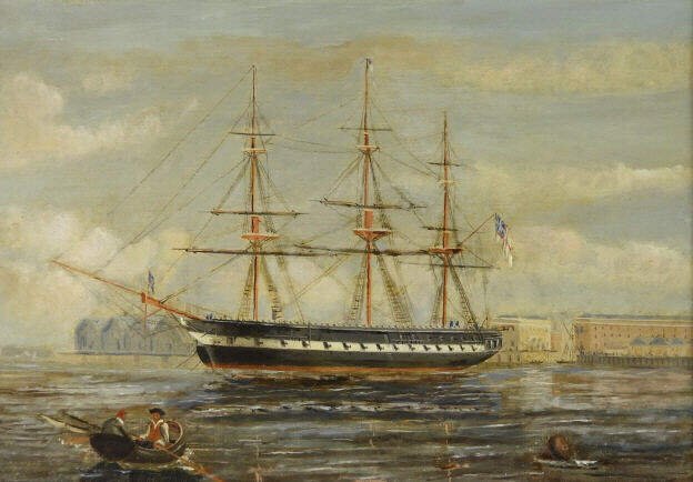 H.M.S. Simoon, Oil on Board, 19th Century: Unknown artist, British 19th Century, oil on board, H.M.S Simoon (titled verso on paper label), fighting ship of the Royal Navy prior to 1842 when she was renamed H.M.S. Terrible. Possibly anchored of