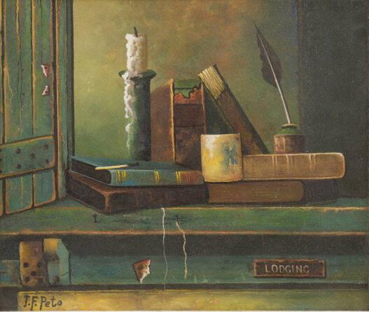 Attributed J.F. PETO (1854-1907) American: Attributed to John Frederick Peto, "Lodging" – books and a candle on a shelf, oil on board, 10 x 11 ¾ inches. Signed lower left.