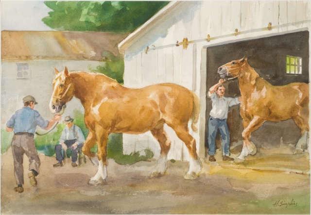 Henry John SIMPKINS (1906-1995) Canadian: Henry John Simpkins, draft horses, watercolour, 13.25 x 19.5 inches. Signed lower right.
