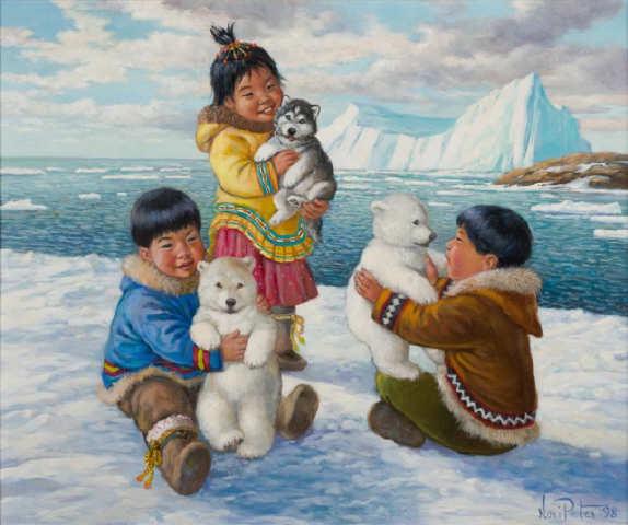 Nori PETER (1935-2009) Canadian: Nori Peter, "Among Friends", oil on masonite, 20 x 24 inches. Signed and dated ’98 at lower right. Signed and titled dedication verso.