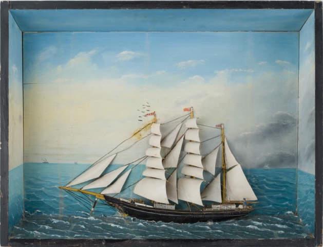 Sailboat Diorama: A sailboat diorama of the "Lilie B. Poole" with a nicely painted background and plaster waves. Untouched paint. English. 19th century. Allio Collection. FRANCAIS: Diorama d'un voilier "Lilie B. Poole"