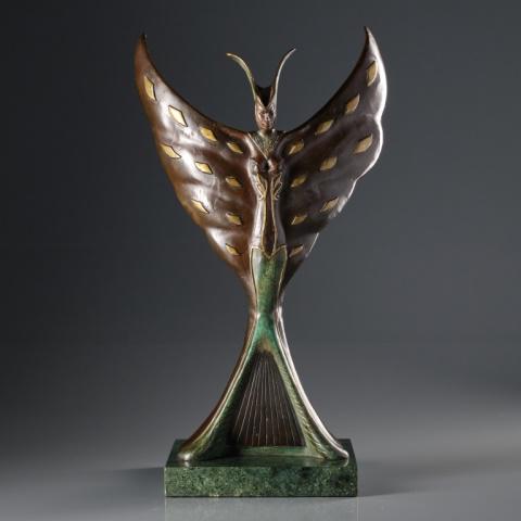Louis Icart (1888-1950) French: A Louis Icart bronze sculpture titled "Freedom" depicting a woman with spread arms (moth) like wings on green stone base. Signed "Louis Icart" with indistinct foundry mark. French. Dimensions, 21" x 9