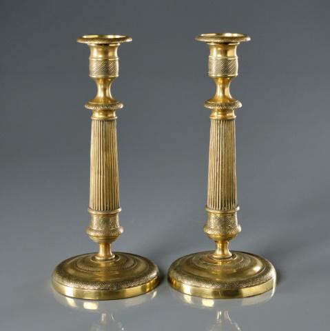 PAIR OF EMPIRE BRASS CANDLESTICKS (1 of 6)