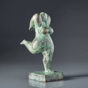 BRONZE IN THE MANNER OF FERNANDO BOTERO: The verdigris patinated bronze figure of a Rubenesque woman standing on one leg, modelled in the manner of Columbian artist Fernando Botero, impressed Monogram EA & edition number I / II to the interi