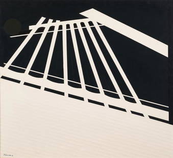 ANTONIO TASCONA, C.M., R.C.A. (1926-2006): Titled "Architectural Phenomena", lacquer on masonite, signed & dated 1966 lower left, artist label verso, framed with a plain wood frame, sight dimensions 41.75" high x 45.75" wide, framed 42.5"