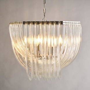 MCM CURVATI CHANDELIER BY CARLO NASON: Murano, Italy circa 1960, the chrome frame housing six sockets surrounded by three tiers of curvilinear shaped 'triedri' glass prisms, measuring 19" diameter x 17" high (minus chain & ceiling mount).