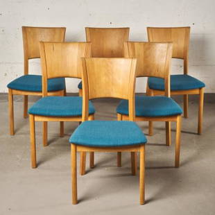 SIX MCM BEECH FRAMED DINING CHAIRS BY PJ MOBLER: Denmark circa 2000, the frames showing panelled backs, over teal fabric upholstered seats, raised on columnar supports, factory label affixed to underside, measuring 34" high, seat height 18".