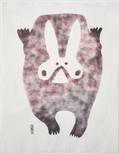 PUDLO PUDLAT (1916-1992) Kinngait: Titled "Running Rabbit", stencil, limited edition 39/50 signed & dated 1963, framed with archival materials, sight measurements 29.75" high x 19.75" wide, framed 39" high x 32" wide.