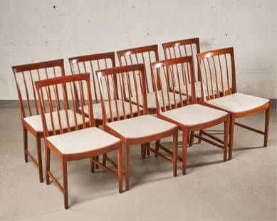 EIGHT MCM TEAK DINING CHAIRS BY BORGE MORGENSON: For Soborg, Denmark circa 1960, the #122 design also known as 'The School Chair' showing upholstered concave backrests & panelled seats raised on turned supports braced by turned bar stretchers, the