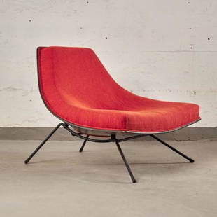 MCM 'WINNIPEG CHAIR' BY A.J. DONAHUE: Canadian circa 1960, the red cushioned seat mounted to a conforming laminate panel, raised overall on splayed wrought iron supports, measuring 29.5" high x 35" wide (seat height 14").