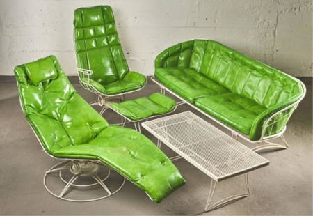 MCM PATIO SET BY HOMECREST: USA circa 1960, all retaining their original green vinyl cushions, consisting of a full length lounger mounted to a pivoting wire base, measuring 36" high x 67" long x 26" wide, a three seat settee