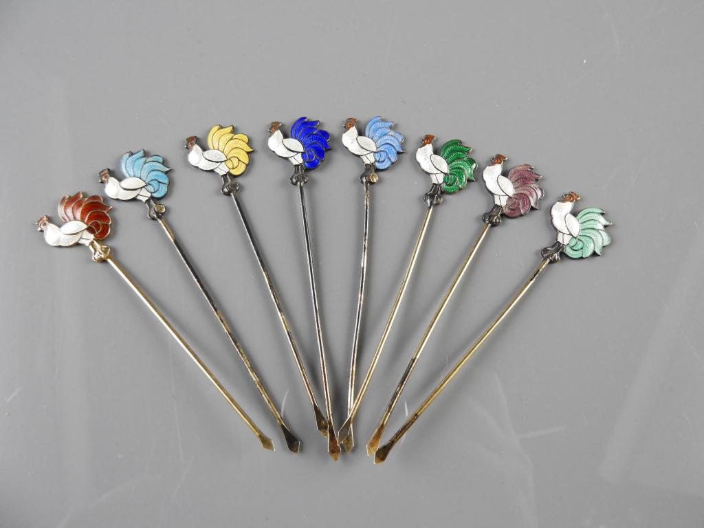 EIGHT ENAMELLED STERLING COCKTAIL PICKS (1 of 3)
