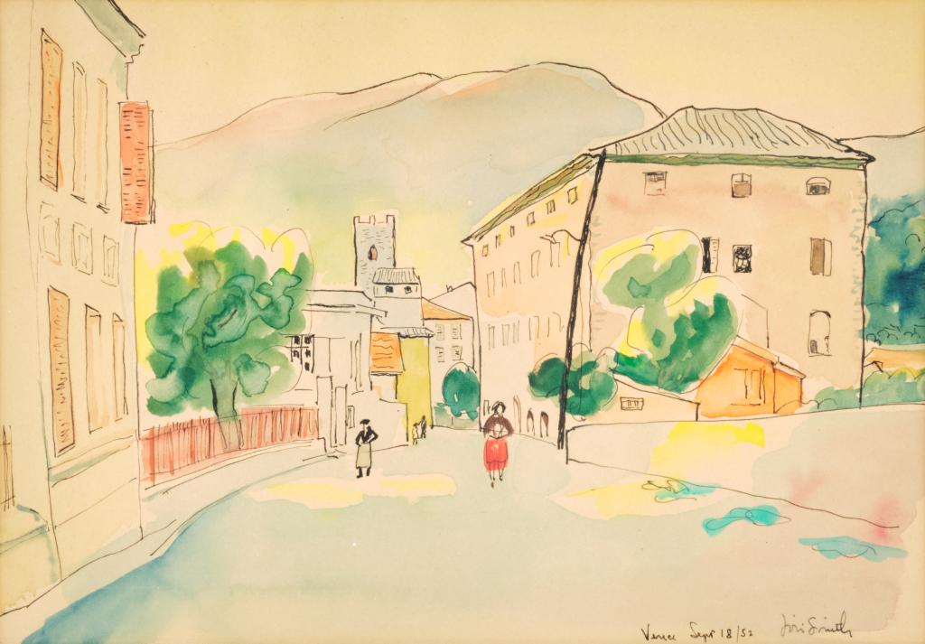 Marjorie (Jori) SMITH, C.M., R.C.A. (1907-2005): "Vence", watercolour and pen on paper, 7 1/4 x 10 1/2 inches, signed, titled and dated 1952 lower right, Carmel Art Gallery, Ottawa label verso.
