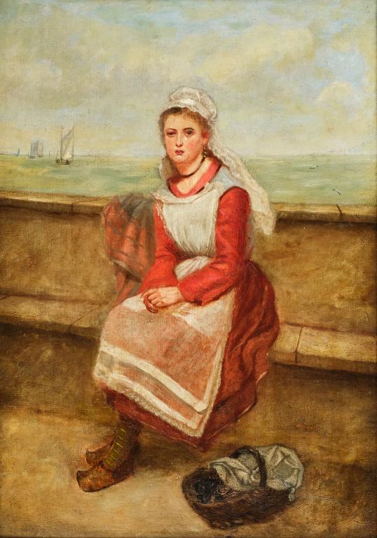 Dutch School, Quayside, 19th Century: Selling mussels on the quayside, oil on canvas (relined), 20 x 14 inches, initialed lower right, inscribed 'November 5, 1873, London on the stretcher verso.