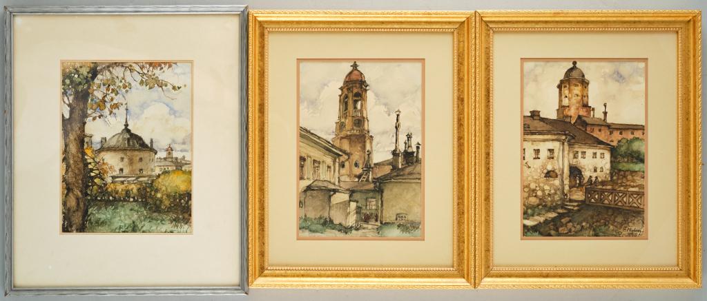 Frans NYBERG (1882-1962) Finnish: Old bell towers, three watercolours on paper, 10 x 7 inches, signed and dated 1945-1946 lower right.