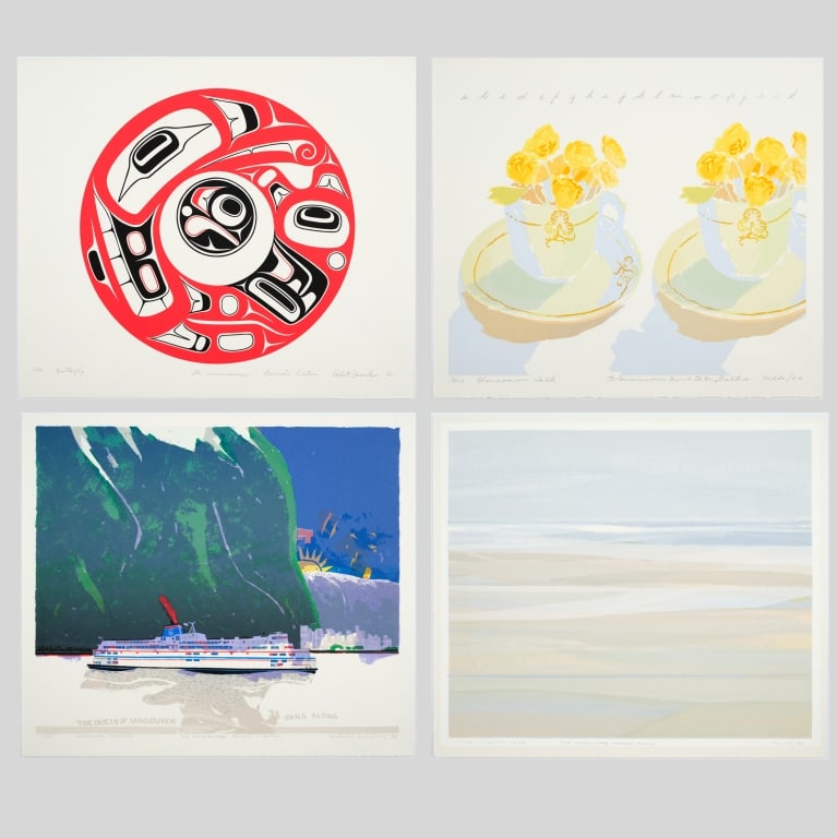 First Edition Silkscreens, Expo 1986, Vancouver: A set of four silkscreens of the Commissioner General's Collection, limited (first) edition dedicated to Expo 1986 in Vancouver (BC, Canada), no. 1/100. 1) Robert Davidson "Butterfly", 2) Gathie Falk