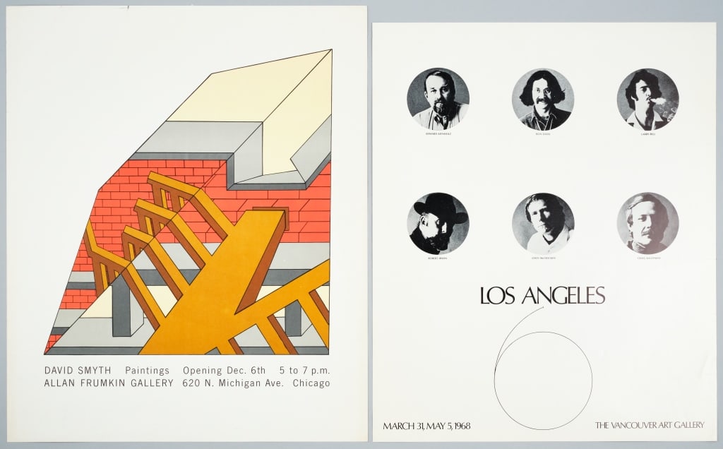 Two Vintage Art Exhibition Posters: David Smyth Paintings at the Allan Frumkin Gallery, 1969, serigraph in colour, 23 x 19 inches, along with Los Angeles 6, The Vancouver Art Gallery by John Coplans (featuring Edward Kienholz, Ron Davis