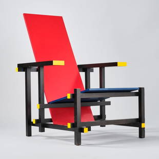 Gerrit RIETVELD (1888 - 1964) Dutch: De Stijl Red Blue Chair by Cassina, coloured and black lacquered wood, underside with manufacturer's decal and frame impressed "2834", labeled "Inspected by Van Leeuwen Boomkamp Ltd.". A miniature mod