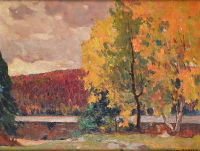 John William BEATTY, R.C.A. (1869 - 1941): Autumn Link Lake, oil on panel, 10 1/2 x 13 11/16 inches, signed lower right. J.W. Beatty studio label verso.