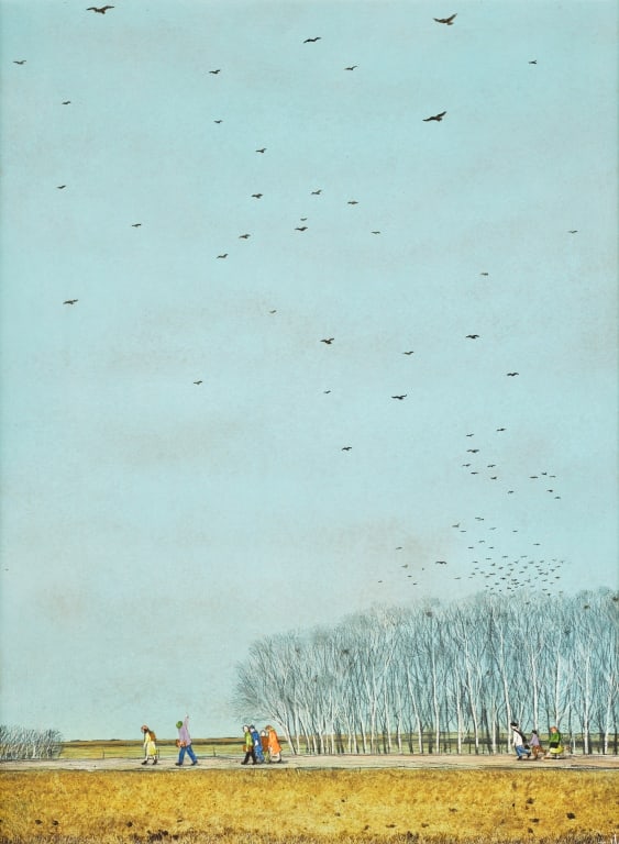 William KURELEK, R.C.A. (1927 - 1977): Crows Leaving Before Winter, from the artist's book "A Prairie Boy's Winter", mixed media on masonite, 21 1/4 x 16 inches, signed and dated 1975 lower right, with Kurelek's hand made frame. Provenance