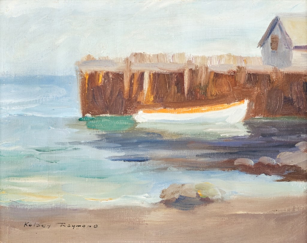 Kelsey Ogden RAYMOND (1926 - 2001) Canadian: Fishing boat, oil on canvas on board, 7 7/8 x 9 7/8 inches, signed lower left. Kelsey O. Raymond was a popular Nova Scotia painter, born in New York.