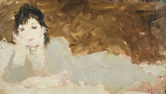 Dietz EDZARD (1893 - 1963) German: Jeune femme allongée (Lying young woman), oil on panel, 5 1/2 x 9 1/2 inches, signed lower right. Titled, dated 1958 and signed on the Atelier D. Edzard label verso. Dominion Gallery label and