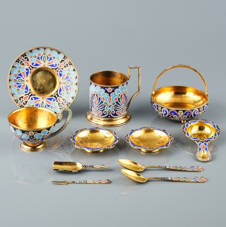 RARE SOVIET VINTAGE ENAMELED SILVER TEA SET (1 of 11)