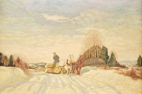 FOLK ART PAINTING OF LOGGING: Transporting round timber, oil on board, 19 x 28 7/8 inches, unsigned.