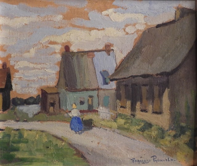 Françoise PAGNUELO (1918 - 1957) Canadian: Untitled, village road, oil on panel, 12 x 14 inches, signed lower right. Francoise Pagnuelo studied fine art in Montreal under Edwin Holgate, Lilias Torrence Newton, Thomas Reid MacDonald, Harold Bea