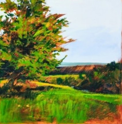 Sara Peck COLBY (b. 1947 - ) Canadian: Untitled, summer landscape, oil on masonite, 10 x 10 inches, signed lower right.