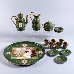 ROYAL VIENNA PORCELAIN COFFEE SERVICE: A hand-painted and gilded Royal Vienna set consisting of a coffee pot, a milk, a sugar, six demitasse cups and saucers, along with a very good round matching tray (metal support has been removed, 14.5