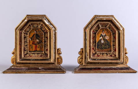 ANTIQUE GILTWOOD & FIGURAL PAINTED BOOKENDS: Continental circa 1900, both showing painted figures in 17th century costume, within giltwood and faux tortoise shell frames backed with hinged platforms, surface abrasions and losses noted, measuring