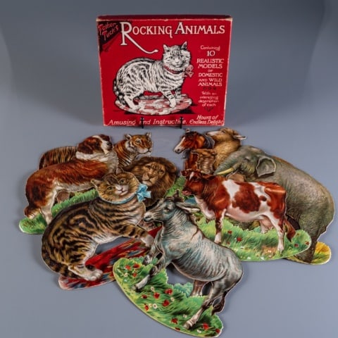 FATHER TUCK'S ROCKING ANIMALS: A boxed set containing ten models of domestic and wild animals, the box is marked RAPHAEL TUCK & SONS, LTD. LONDON. PARIS. BERLIN. NEW YORK. MONTREAL. The individual animals are named along the edges