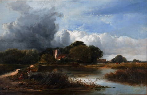 BRITISH SCHOOL, OIL ON CANVAS, RIVERSCAPE,: River scene, oil on canvas, 13.625 x 21.5 inches, dated 1880 and signed indistinctly, (appears to be Watson) lower left. Provenance: Ambassador Alan Sullivan Collection.