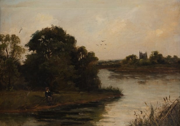 Frank WALTERS (XIX-XX) LANDSCAPE: River scene, oil on canvas, 12 x 16 inches, signed lower left
