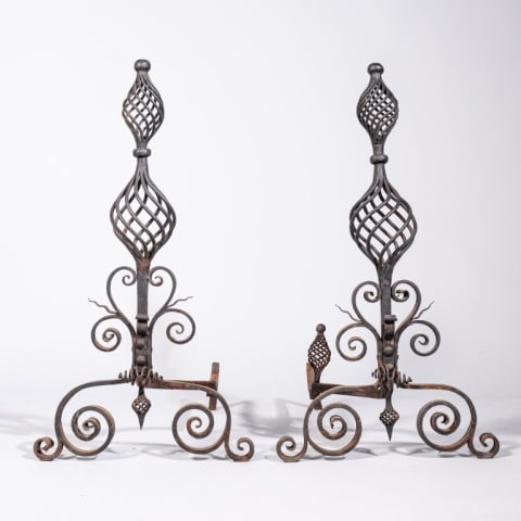 LARGE PAIR OF ANTIQUE WROUGHT IRON ANDIRONS (1 of 6)