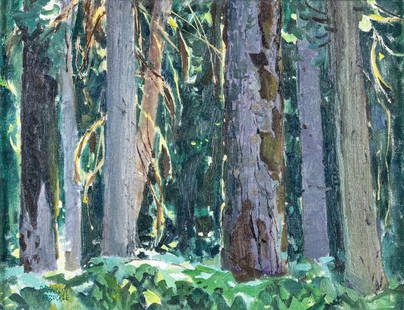 George Franklin ARBUCKLE (1909 - 2001) R.C.A.: Rain Forest, 1979, oil on masonite, 12 x 16 inches, signed lower left, titled, dated and signed verso, Roberts Gallery label verso. George Franklin Arbuckle was born in Toronto. He studied at the