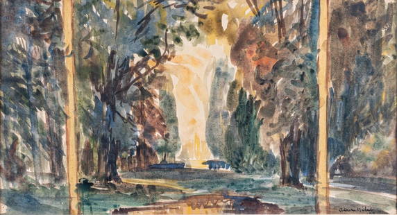 Adrien HÉBERT (1890 - 1967) R.C.A.: "Paysage d'été" (summer landscape), 1919, watercolour on paper, 10 1/2 x 19 inches, signed and dated lower right, Galerie d'Art Michel Bigué label verso. Adrien Hébert has been