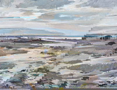 Lorne Holland BOUCHARD (1913 - 1978) R.C.A.: Low Tide. (Eel Weir) Baie St. Paul, 1955, oil on masonite, 12 x 16 inches, signed lower right, titled, dated and signed verso. Lorne Bouchard was born in Montreal. While he began drawing at the