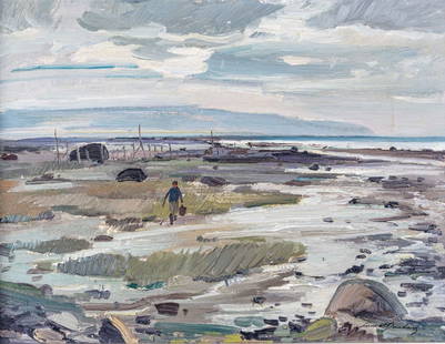 Lorne Holland BOUCHARD (1913 - 1978) R.C.A.: Low Tide. (Eel Weir) Baie St. Paul, 1955, oil on masonite, 12 x 16 inches, signed lower right, titled, dated and signed verso. Lorne Bouchard was born in Montreal. While he began drawing at the