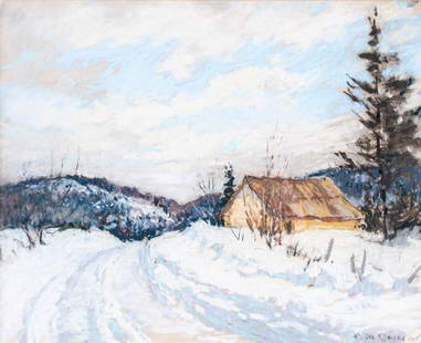 Berthe DES CLAYES (1877 - 1968) A.R.C.A.: Untitled, winter road, pastel on paper, 9 3/8 x 11 1/2 inches, signed lower right. Berthe Des Clayes was born in Aberdeen. She lived in England from 1906-1912; and immigrated to Montreal in 1912. Des