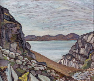 Naomi Jackson GROVES (1910 - 2001) Canadian: Untitled, view of a bay, oil on panel, 11 1/8 x 13 inches, signed lower right. Provenance: From Naomi Jackson to consignor's family. Naomi Jackson Groves was A.Y. Jackson's niece.