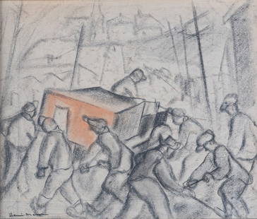 Henri L. MASSON (1907 - 1996) OSA CGP CSGA CSPWC: Untitled, men at work, charcoal and pastel on paper, 13 1/8 x 17 inches at sight, signed lower left. Masson was born in Belgium, he studied art in Brussels. He came to Canada (Ottawa) with his mother