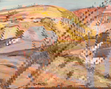 Ralph Wallace BURTON (1905 - 1983) Canadian: Untitled, village in the Fall, oil on panel, 10 x 13 inches at sight, signed lower left. Ralph Wallace Burton was an Ottawa Valley artist who painted with A.Y. Jackson from the Group of Seven. His