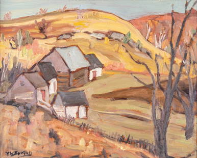 Ralph Wallace BURTON (1905 - 1983) Canadian: Untitled, village in the Fall, oil on panel, 10 x 13 inches at sight, signed lower left. Ralph Wallace Burton was an Ottawa Valley artist who painted with A.Y. Jackson from the Group of Seven. His