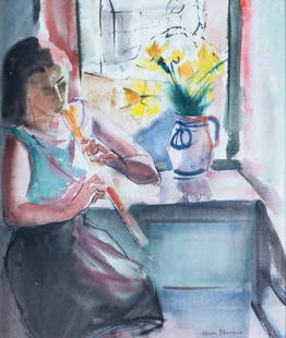 Henri L. MASSON (1907 - 1996) OSA CGP CSGA CSPWC: Untitled, young woman playing the flute, ink and watercolour on paper, 17 5/8 x 14 1/2 inches, signed lower right. Masson was born in Belgium, he studied art in Brussels. He came to Canada (Ottawa)