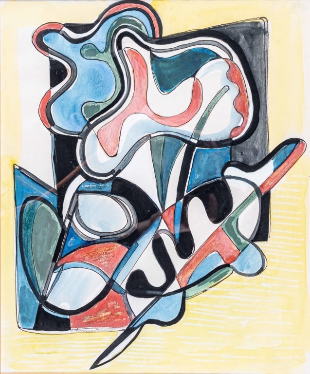 Fritz BRANDTNER (1896-1969) CSPWC, CGP, CSGA, FCA: Abstraction, coloured inks on paper, 13 1/2 x 11 1/2 inches, signed lower left, Kaspar Gallery, Toronto label verso. Friedrich Wilhelm Brandtner was born in Danzig, Germany. He immigrated to (Montreal