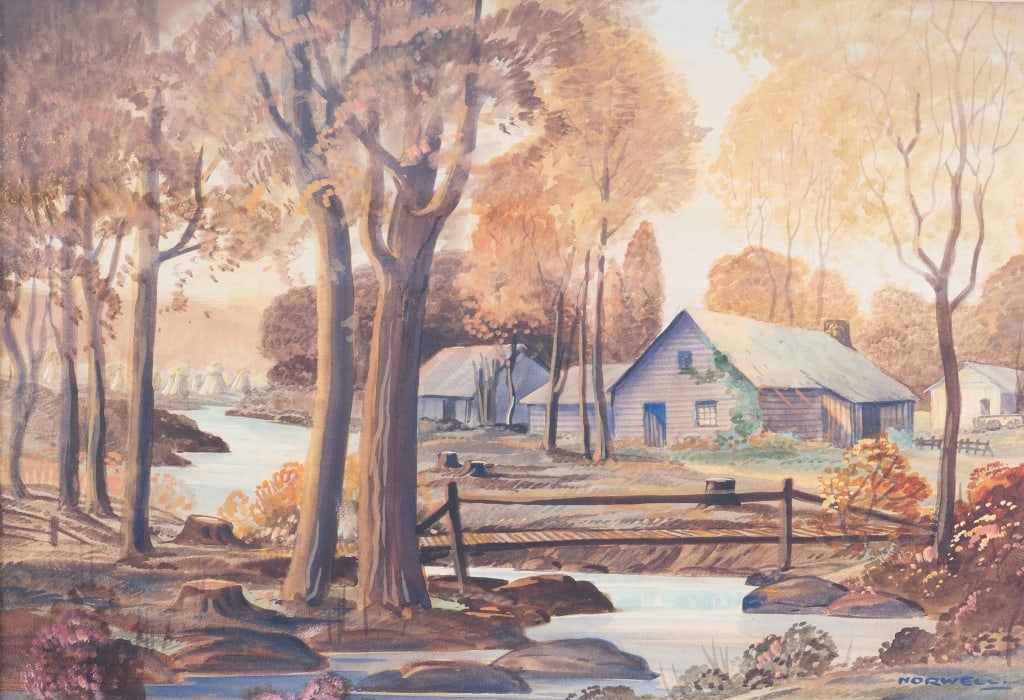 Graham Noble NORWELL (1901 - 1967) O.S.A.: Untitled, Laurentian farm, watercolour on paper, 19 x 23 inches at sight, signed lower right, Morency Gallery Montreal label verso. Norwell, who was born in Scotland, is well known for his rural lands