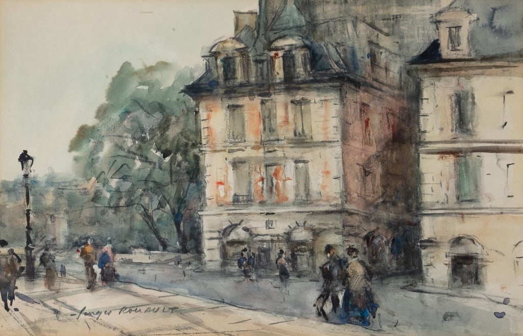 Georges Dominique ROUAULT (1904 - 2002) French: Untitled, Street in Paris, watercolour on paper, 12 1/2 x 18 inches, signed lower left.